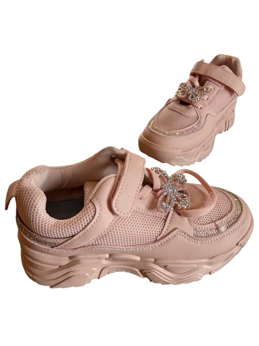 GIRLS LIGHT PINK CHUNKY SPARKLING BUTTERFLY ATHLETIC CASUAL SNEAKERS SZ 1